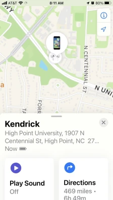 Find My Iphone shows Kendrick in his dorm at High Point University.